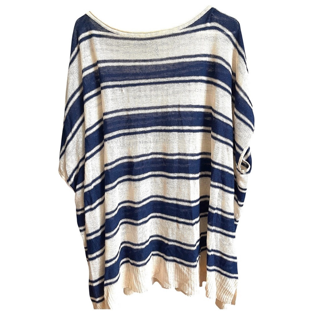 Lauren Ralph Lauren 100% Linen Blue Beige Striped Poncho OS